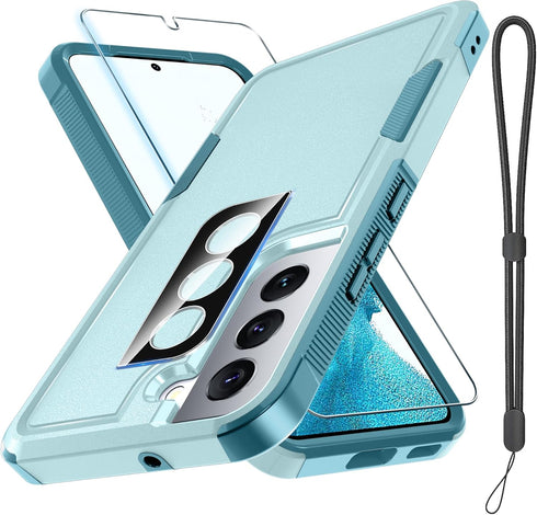 for Samsung Galaxy S22 Case, Full Body Heavy Duty Rugged Shockproof Protective Phone Cover with Lanyard Strap, Tempered Glass Screen Protector and...