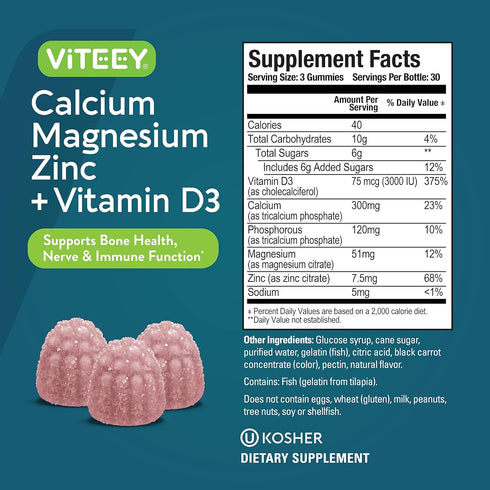 Calcium Magnesium Zinc Gummies with Vitamin D3 - Supports Bone Health, Nerve & Immune Function - Calcium Magnesium Zinc D3 Supplement for Adults &...