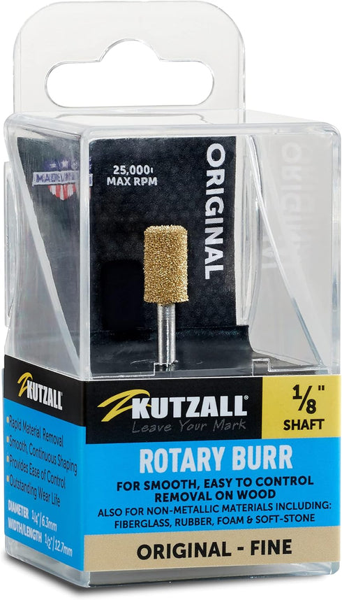 Kutzall Original Cylinder Rotary Burr, 1?8" Shaft, Fine - Woodworking Attachment for Dremel, Foredom, DeWalt, Milwaukee. Abrasive Tungsten Carbide...