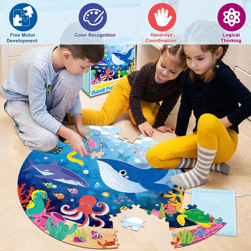 22.8 inch Jumbo Floor Puzzle for Kids Under The Sea Large Floor Puzzle Underwater World Round Puzzles for Toddler Children 4-6 Years Ocean Theme D...