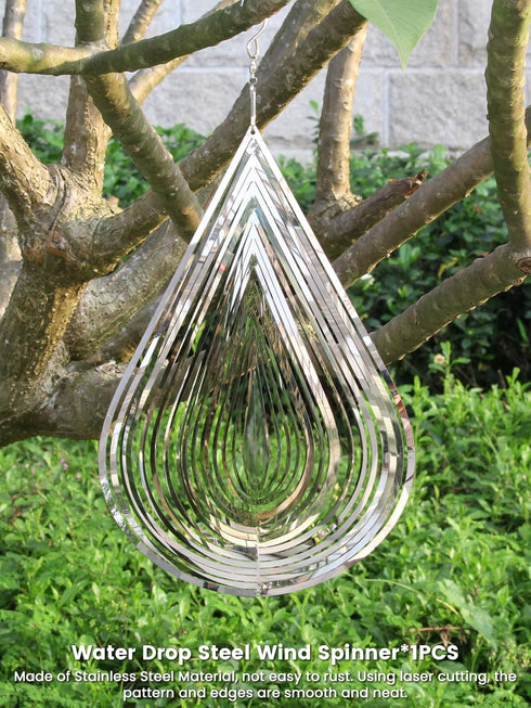 1 PCS Water Drop Stainless Steel Wind Spinners, Reflective Wind Spinners, 3D Hanging Wind Spinner Sparkly Metal Wind Spinner,Wind Sculptures, Bird...