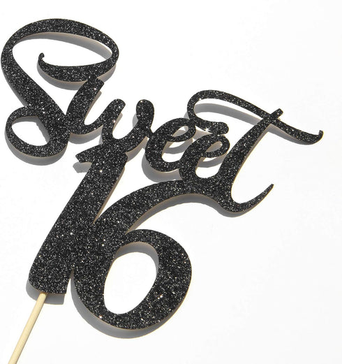 Black Glitter Sweet 16 Cake Topper - Happy 16th Birthday Cake Topper Decor - Cheers to 16 Years - 16th Wedding Anniversary Party Supplies...