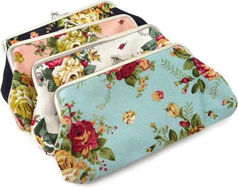 Honbay 4PCS Canvas Floral Coin Purse, Kiss Lock Change Purse, Vintage Trinkets Pouch, Cell Phone Pouch, Rose Pattern Clasp Closure Wallet, 3.54 x ...