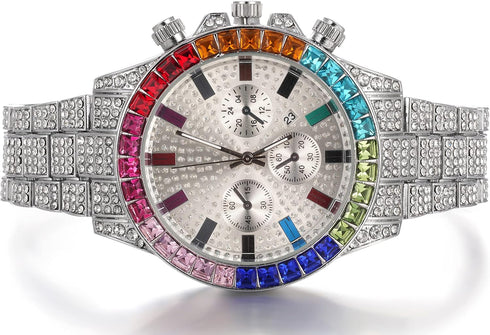 Halukakah Multicolor Diamonds Gold Watch Iced Out,Men's 18K Real Gold/Rose Gold/Platinum White Gold Plated 40MM Width White Dial Quartz Wristband ...