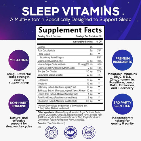 Sleep Vitamins - Fast Acting, Powerful & Natural Sleep Gummy Supplement for Adults - Fall Asleep Naturally with 12mg Melatonin, Chamomile & Zinc -...