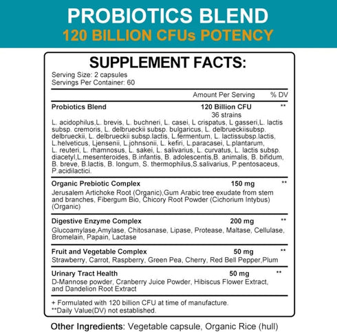 Probiotics 120 Billion CFU-36 Strains + Organic Prebiotics Complex + Digestive Enzyme Complex + Fruit & Veggie Complex, Ultimate Gut Health Suppor...