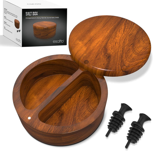 Esatto Round Acacia Wooden Salt and Spice Box, Magnetic Swivel Lid For Easy Storage or Retrieval, Salt Pepper or Spice Storage Box, With Two Worki...
