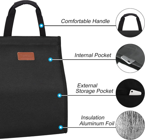 Lunch Bags for Women Insulated Reusable Lunch Tote with Internal Pocket, Adult Lunch Tote bag for Work (Black...