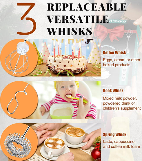 YUSWKO Milk Frother Handheld for Coffee, Rechargeable Drink Mixer with 3 Heads 3 Speeds Electric Coffee Frother Whisk, Gift for Many Occasions and...