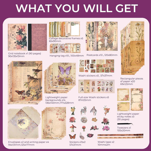 Funto Scrapbooking Kit (202 PCS), Vintage Collection-Rose Angel, Ideal Gift Box Packaging, Perfect for Bullet Scrapbooking Materials, Planner DIY ...