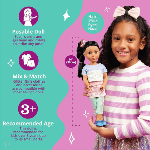 Glitter Girls – Soo Ji 14-inch Poseable Fashion Doll – Black Hair & Hazel Eyes —Hearts Outfit with Blue Glitter Shoes – Toys, Clothes, and Accesso...