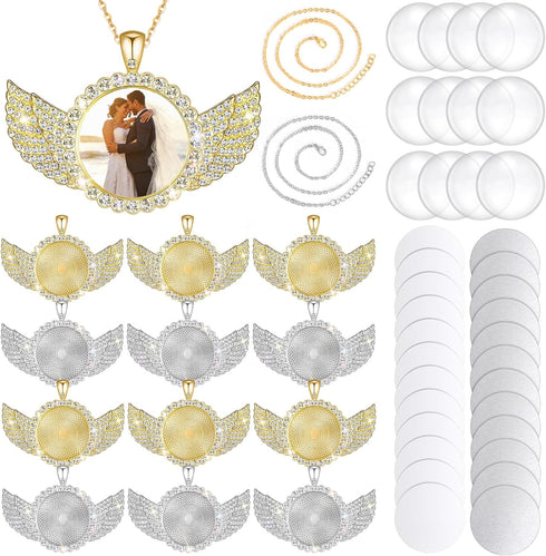 Hicarer 60 Pcs Sublimation Angel Wing Jewelry Blanks Set Rhinestone Bezel Pendant Trays Glod and Silver Sublimation Necklace Blank with Chain Set ...