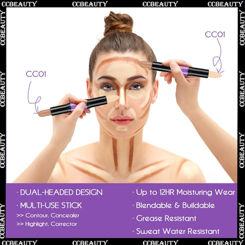 CCbeauty 2-IN-1 Matte Contour Stick Makeup,Cream Dual Highlighter Bronzer Stick, Highlighting & Contouring Kit, Highlight Concealer Sticks for Fac...