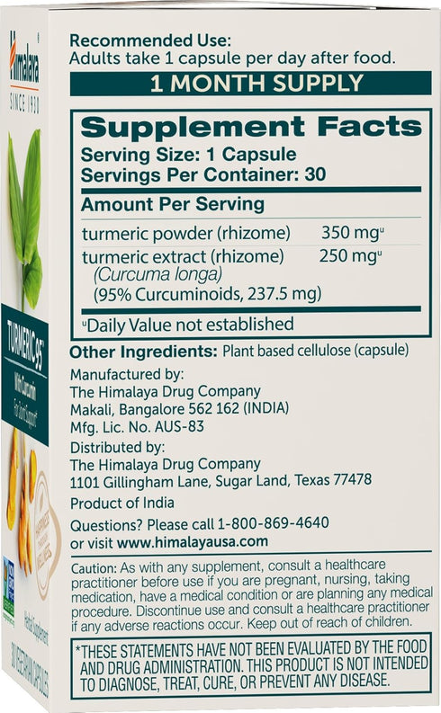 Himalaya Turmeric 95 Supplement with Curcumin/Curcuminoids, Joint and Muscle Support, Optimum Flexibility and Mobility, 600 mg, Non-GMO, Vegan, Gl...