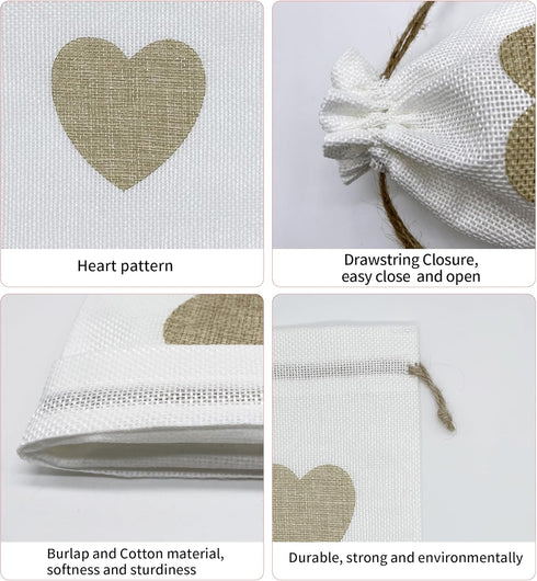 Jexila 24PCS Burlap Drawstring Gift Bags 5X7 Inches Heart Print Linen Burlap Jewelry Gift Bags Fabric Cloth Candy Goodie Pouches for Wedding Showe...