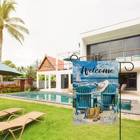 Welcome Summer Blue Sea Ocean Chairs Myosotis Sylvatica Flower Beach Garden Flag, Coastal Nautical Seagull Sailboat Bag Hat Decorative House Yard ...