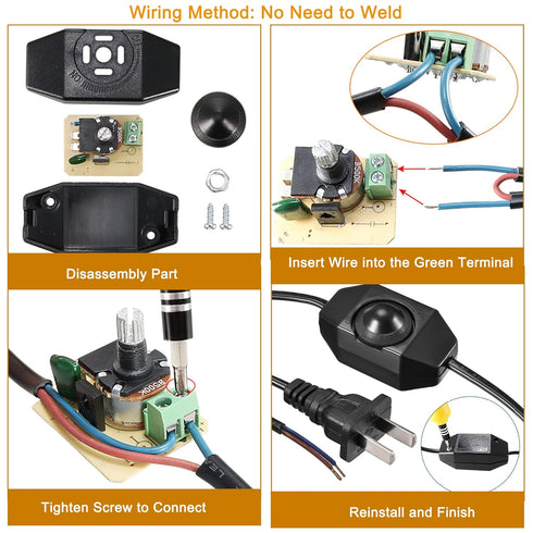 MECCANIXITY Rotary Cord Switch, AC 220V 2A 150W Slide Control All Range No Welding Screw Terminal Lamp Dimmer, Black...