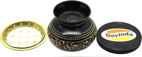 Govinda - Small Decorated Brass Charcoal Screen Incense Burner with Wooden Coaster...