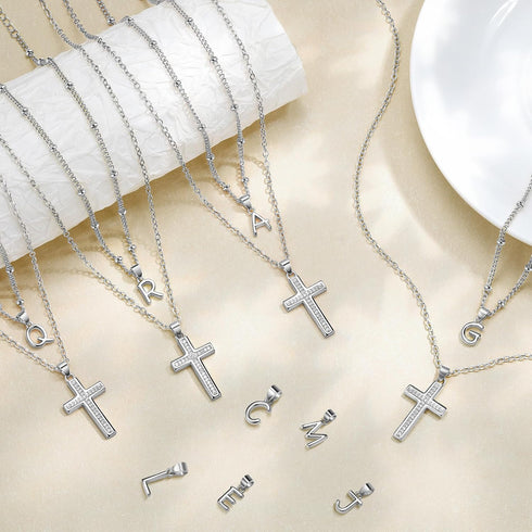 ZENI Dainty Cross Necklaces for Women, White Gold Plated Layered Chain Initial A Pendant Choker Necklace, Cubic Zirconia Cross Christian Faith Jew...