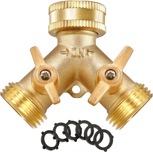 IPOW Garden Hose Splitter 2 Way Heavy Duty with Upgraded Handles, Solid Brass Water Faucet Y Splitter Hose Bib Splitter Connector Adapter with Com...