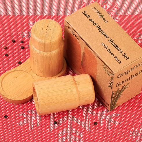 Salt and Pepper Shakers Set with Base Rack, Bamboo Wooden Cute Salt and Pepper Shaker for Kitchen Counter or Table as Farmhouse Countertop Decorat...