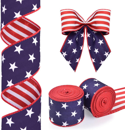 2 Rolls Patriotic Wired Edge Ribbon Stars and Stripes Reversible Ribbons Red White Blue Decorative Ribbon for 4th of July Memorial Day Bow Wreath ...