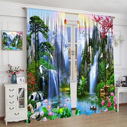Waterfall Deocr Curtain, Surrounded Waterfall Rocky Lotus Fish Swan Landscapes Home Decor Windows Rod Pocket Curtain for Living Room Bedroom Kitch...