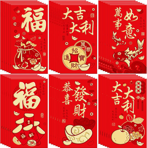 36 Pcs 6 Designs Chinese New Year Red Envelopes 2024, Heavy Duty Hong Bao Lucky Money Cash Envelopes Red Packets Lai See for Lunar Dragon New Year...