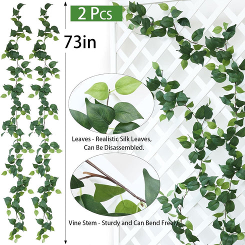 2 Strands Artificial Scindaps Vines Garland 73" Fake Vine with Silk Green Leaves Faux Hanging Plants Greenery Decoration for Bedroom Wall Party We...