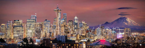 PHOTOSBYJON Seattle Skyline 2020 Photo Print UNFRAMED Dusk Color City Downtown 11.75 inches x 36 inches Rainier Photographic Panorama Poster Pictu...