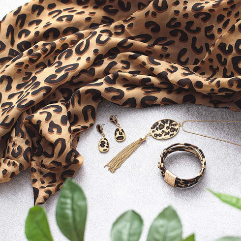 4 Pcs Leopard Print Scarf and Jewelry Set Women Cheetah Wrap Shawl Dangle Earrings Leather Necklace Multilayer Bracelet Bohemia Leopard Print Acce...