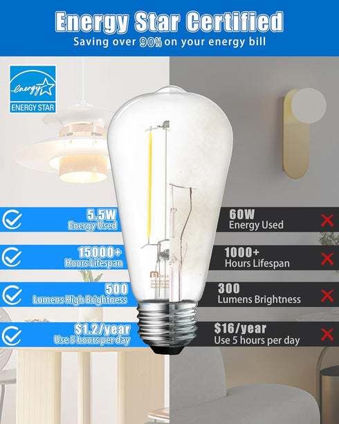 MASTERY MART E26 Led Bulb 60 Watt Equivalent, 5.5W Clear Edison Bulbs, Daylight White 4000k, CRI 90+, 500 Lumen, Vintage ST58 led Light Bulb for H...