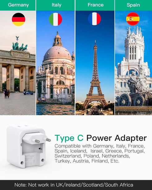 European Travel Plug Adapter, Foldable International Power Plug Adapter with 2 AC Outlets 3 USB Charging Ports(2 USB C), Type C Plug Adapter Trave...