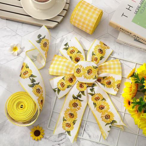 Sunflower Wired Edge Ribbon Yellow Buffalo Plaid Floral Ribbon Flower Checkered Fabric Ribbon for Wreath Bow Making DIY Craft Wrapping, 2 Rolls, 2...