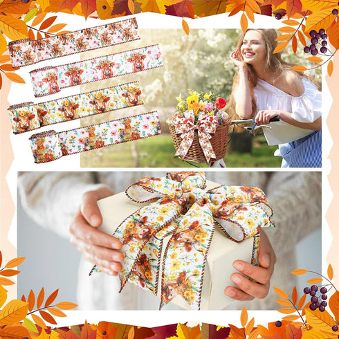 6 Rolls 30 Yards Boho Floral Highland Cow Wired Edge Ribbon DIY Ribbon Crafts Fabric Ribbons for Gift Wrapping Bows Party Decoration Sewing Suppli...