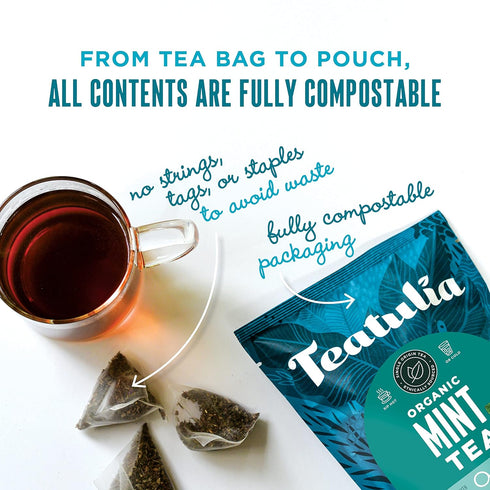 Teatulia Organic Mint Tea Bags (50 Pyramid Sachet Teabags) Whole Leaf Mint Tea 100% Compostable Sustainably Grown Spearmint + Peppermint in Washin...