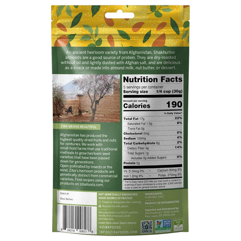 Ziba Foods Heirloom Shakhurbai Almonds | Dry Roasted & Salted | Non-GMO, Vegan, Gluten Free Snack, Nuts | Heirloom, Warm & Nutty | Healthy, Delici...