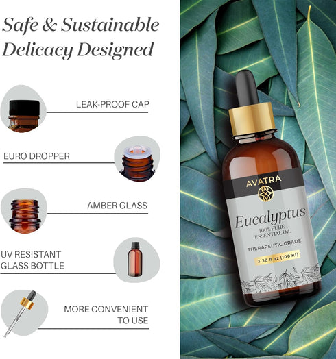 Avatra Eucalyptus Essential Oil, Pure & Natural Therapeutic Grade Essential Oil | for Clear Skin Strong Hair | Aromatherapy, Diffuser- 3.38 Fl Oz...
