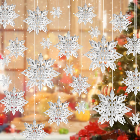12PCS Snowflake Christmas Decorations, 3D Large Silver Paper Snowflakes Garland Hanging Snow Flakes for Winter Wonderland Christmas Party Decorati...