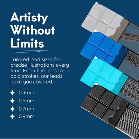 Mozart Essential Set of Lead Refills - 4 Sizes: 0.3, 0.5, 0.7 & 0.9 mm with 100 HB Lead Refills for Each - for Sketch, Architecture, Drafting, Art...
