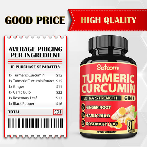 6in1 Turmeric Curcumin Supplement - 3 Month Supply - 95% Curcuminoids with Ginger Root, Garlic Bulb, Rosemary & Black Pepper - 90 Capsules...
