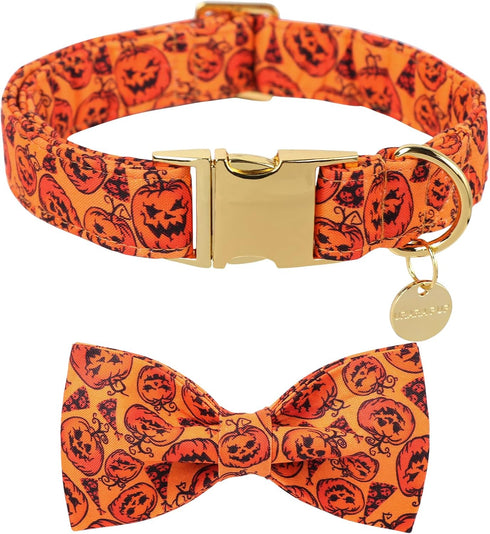 Halloween Dog Collar with Bow Tie, Pumpkin Cotton Bowtie Collar for Puppy Girl Dog or Cat, Halloween Bow Tie Collar with Durable Metal Buckle, Ado...