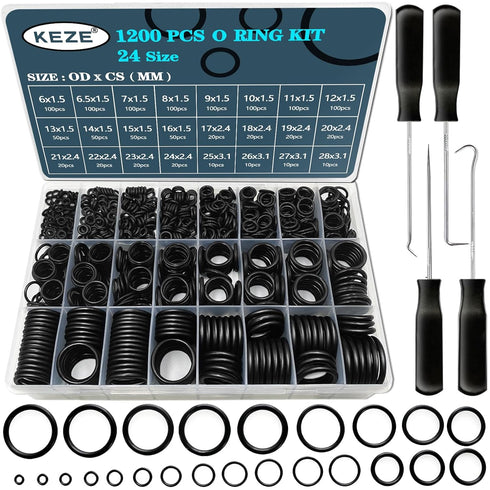1200 Pcs 24 Size Universal Rubber O-Ring Assortment Kit with 4-Piece Precision Pick and Hook Set for Auto Vehicle Faucet Plumbing Pressure Washer ...