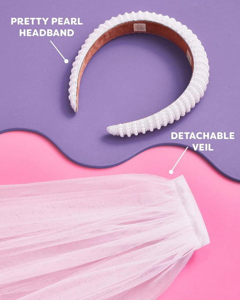 xo, Fetti Bachelorette Party Decorations Pearl Headband with Detachable Veil | White Headpiece Bridal Shower Gift, Bridesmaid Favors...