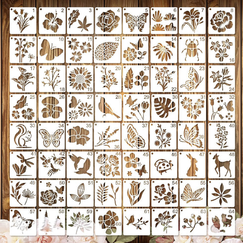 64Pcs Flower Stencils for Painting 3 Inch Plastic Stencils for Crafts Rock Painting Stencils Reusable Stencils for Painting on Wood Wall Tile Home...