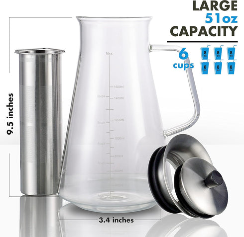 Aquach Airtight Cold Brew Coffee (Iced Tea) Maker 51oz/1.5L, BPA-Free, Durable Borosilicate Glass Pitcher and Stainless Steel Fine-Mesh Filter, Di...