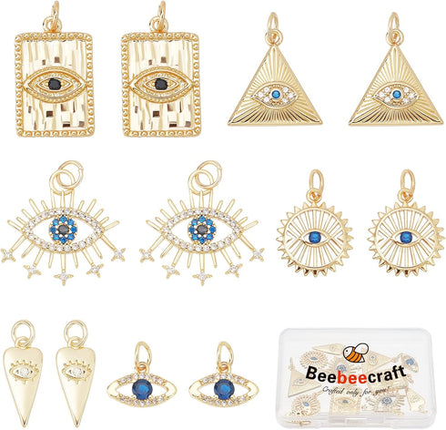 Beebeecraft 12Pcs 6 Style Real 18K Gold Plated Evil Eye Charms Bulk Cubic Zirconia Turkish Evil Eye Crystal Beads with Jump Ring for DIY Jewelry M...