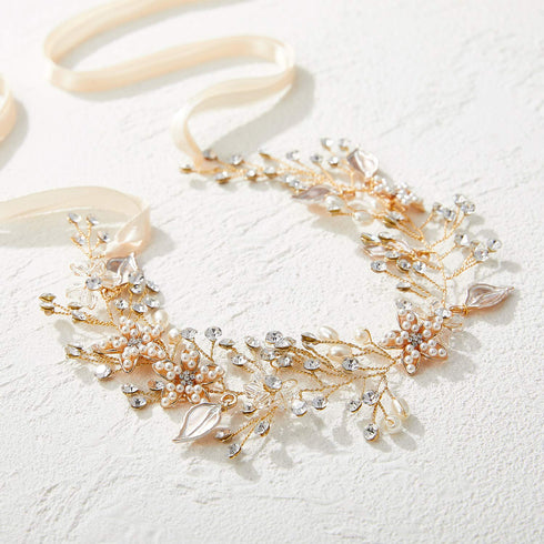 SWEETV Flower Girl Headband for Wedding, Baby Girl Flower Pearl Hair Piece, Gold Headpiece for Birthday Party, Photography...