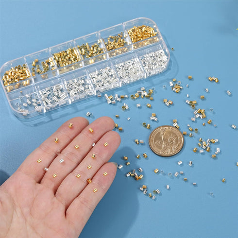 1050 Pcs Silver and Gold Crimp Beads for Jewelry Making, 1.5mm 2mm 2.5mm Crimping Bead Stopper Crimp Tubes for Earring Necklace Pendant DIY Jewelr...