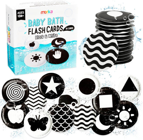 merka High Contrast Baby Toys for Newborn Mold free Bath Toys Black and White Cards for Babies Set of 30 Floating Flashcards Sensory and Visual Le...